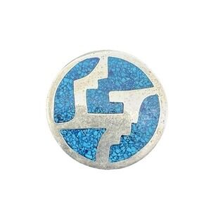 Taxco Alpaca Mexico Vintage Sterling Silver Crushed Turquoise Round Brooch‎ Pin